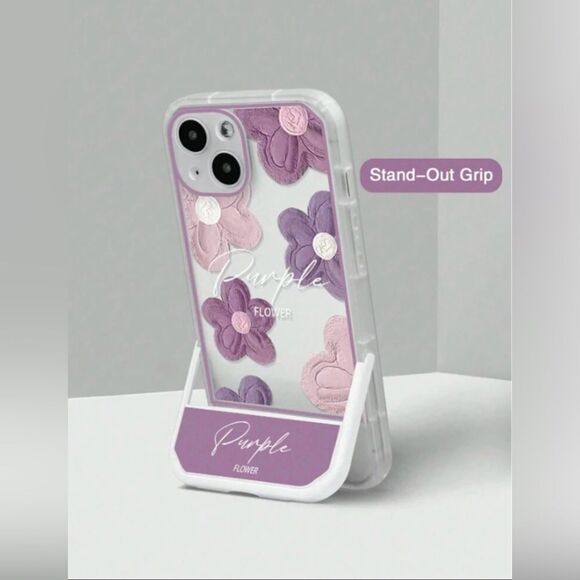Purple Flower Clear Case with Stand for iPhone 16 Pro Max - Picture 2 of 7